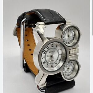 Oulm 3 Face HUGE Men's Analog Quartz Watch Leather Band Silver Cases Black Faces